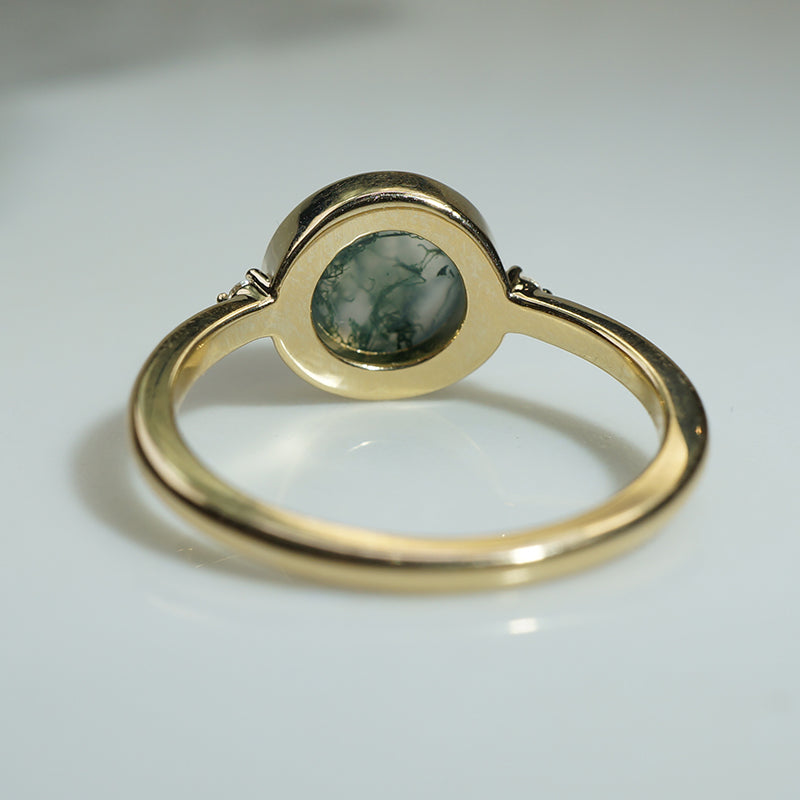 Moss Agate & Diamond in Gold Bezel Ring