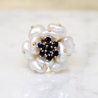 Mid Century Pearl & Sapphire Flower Ring
