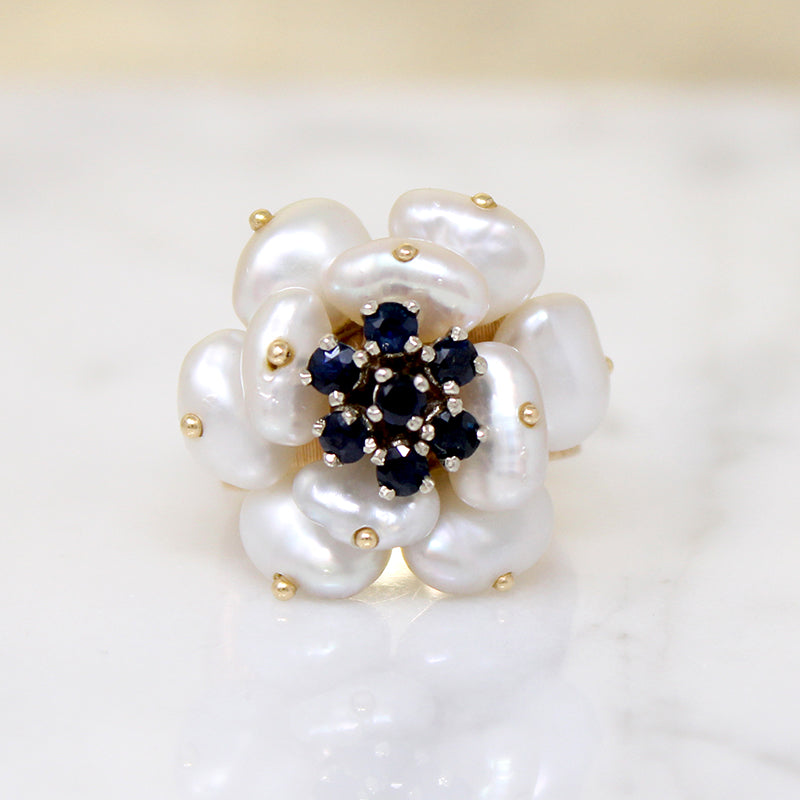 Mid Century Pearl & Sapphire Flower Ring