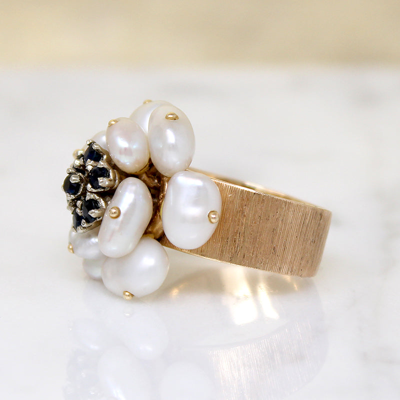 Mid Century Pearl & Sapphire Flower Ring