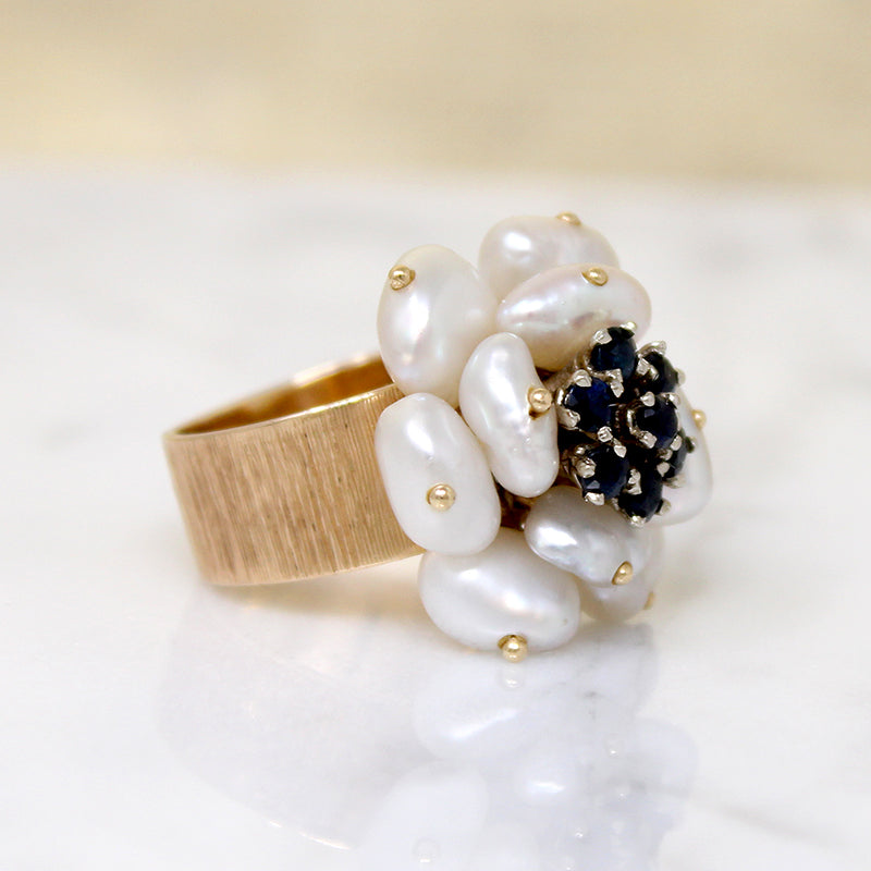 Mid Century Pearl & Sapphire Flower Ring