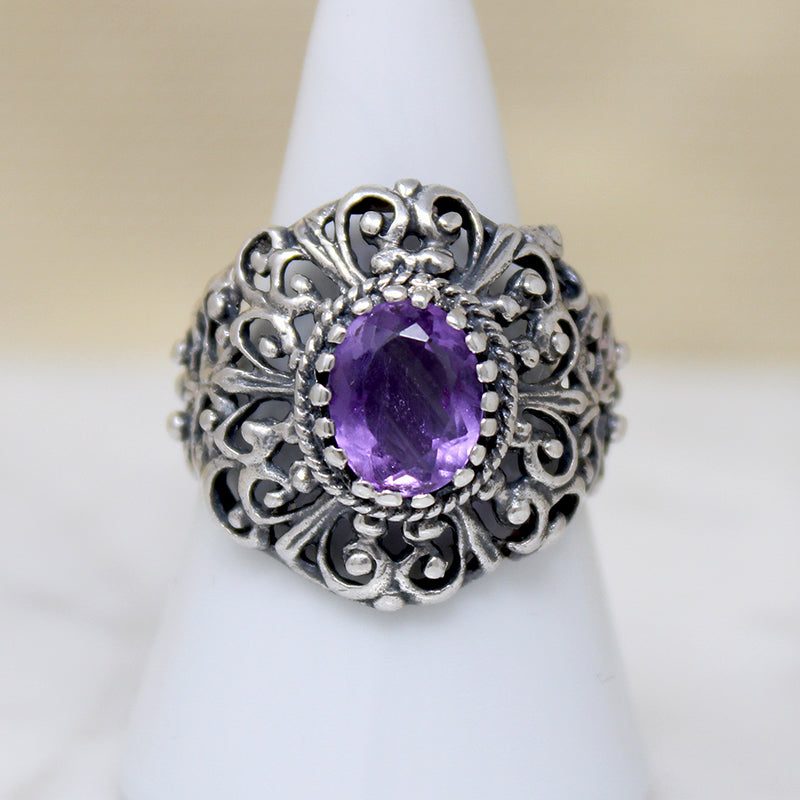 Elaborate Sterling Silver Filigree & Amethyst Ring