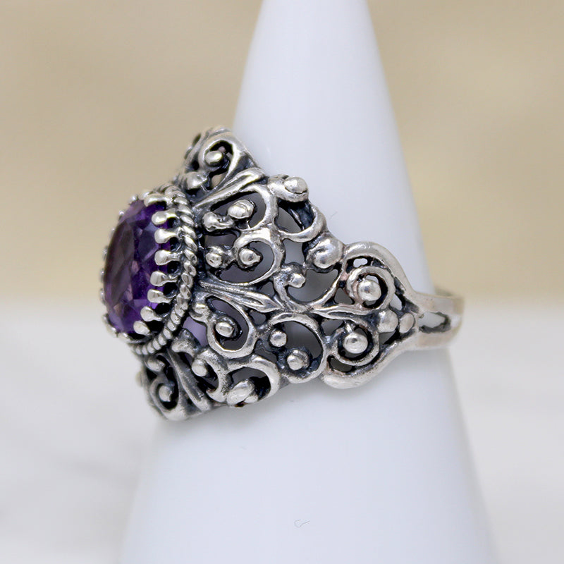 Elaborate Sterling Silver Filigree & Amethyst Ring