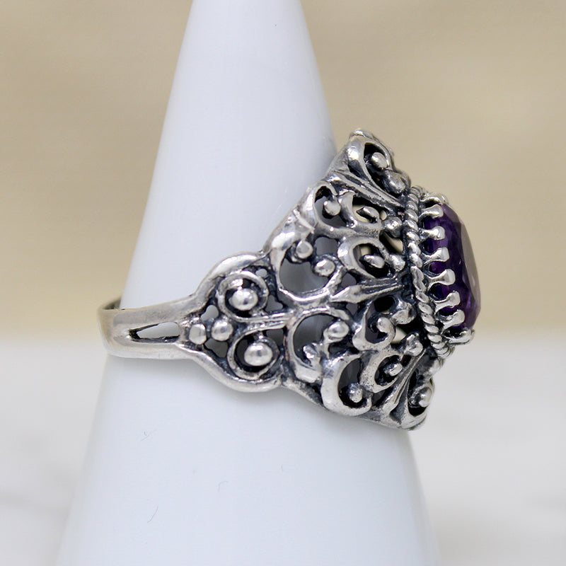Elaborate Sterling Silver Filigree & Amethyst Ring