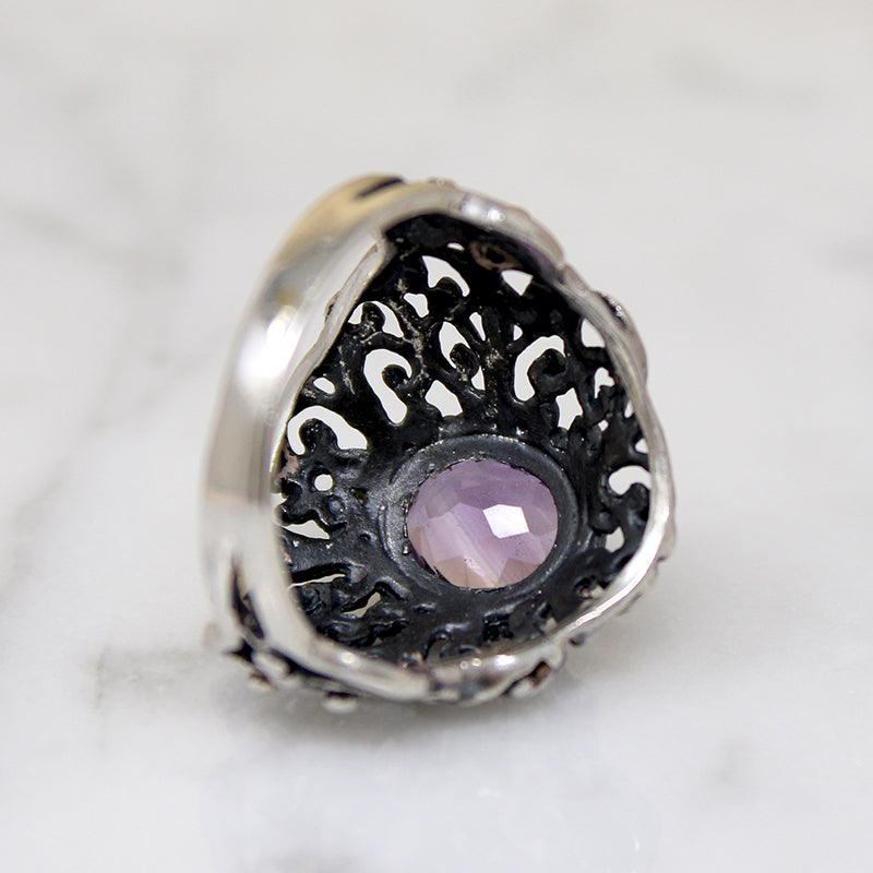 Elaborate Sterling Silver Filigree & Amethyst Ring