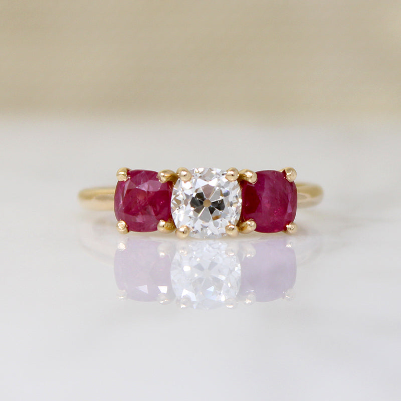 Old Mine Cut Diamond & Ruby 18k Gold Trilogy Ring