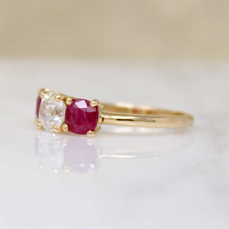 Old Mine Cut Diamond & Ruby 18k Gold Trilogy Ring