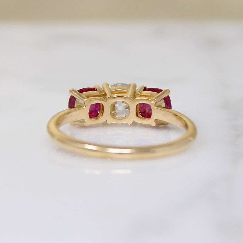 Old Mine Cut Diamond & Ruby 18k Gold Trilogy Ring