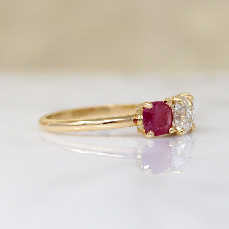 Old Mine Cut Diamond & Ruby 18k Gold Trilogy Ring