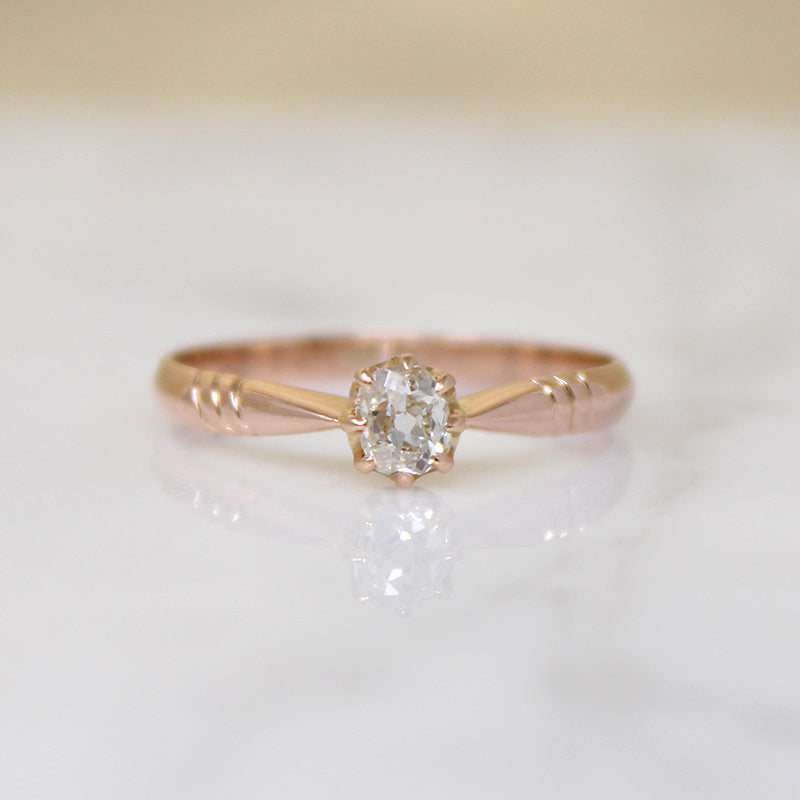 Old Mine Cushion Cut Diamond in Rosy Gold Solitaire Ring