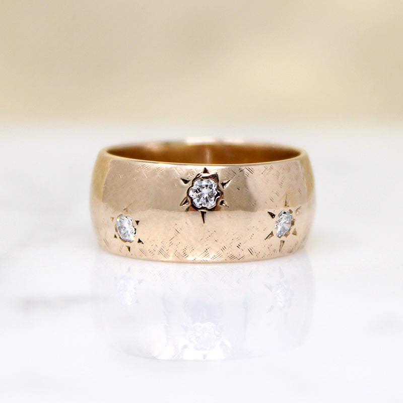Glossy Gold Cigar Band with Three Star-Set Diamonds