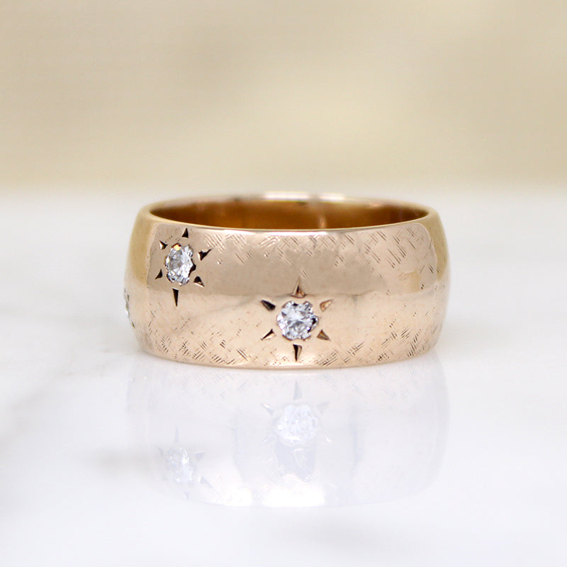 Glossy Gold Cigar Band with Three Star-Set Diamonds