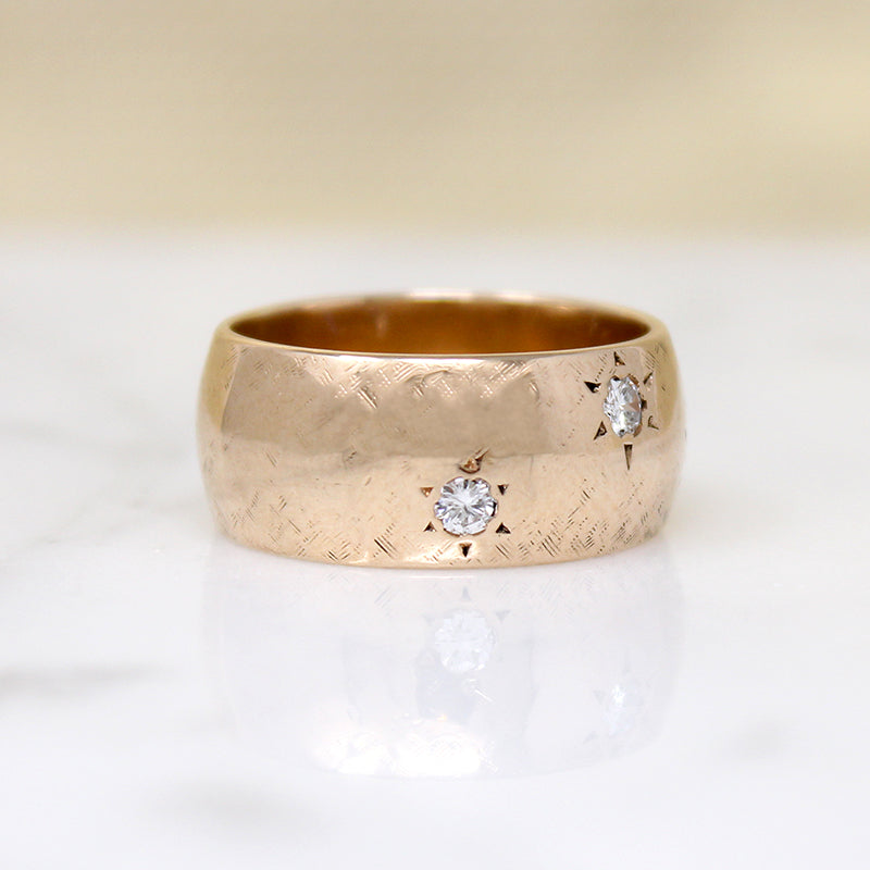 Glossy Gold Cigar Band with Three Star-Set Diamonds