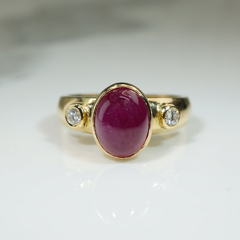Red Ruby Cabochon and Diamond Ring