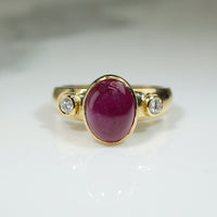 Red Ruby Cabochon and Diamond Ring