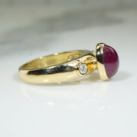 Red Ruby Cabochon and Diamond Ring