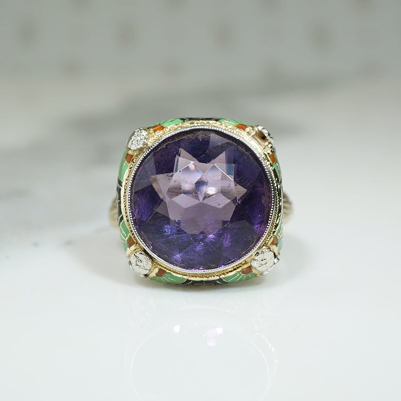 Elaborately Enameled Art Deco Amethyst Ring