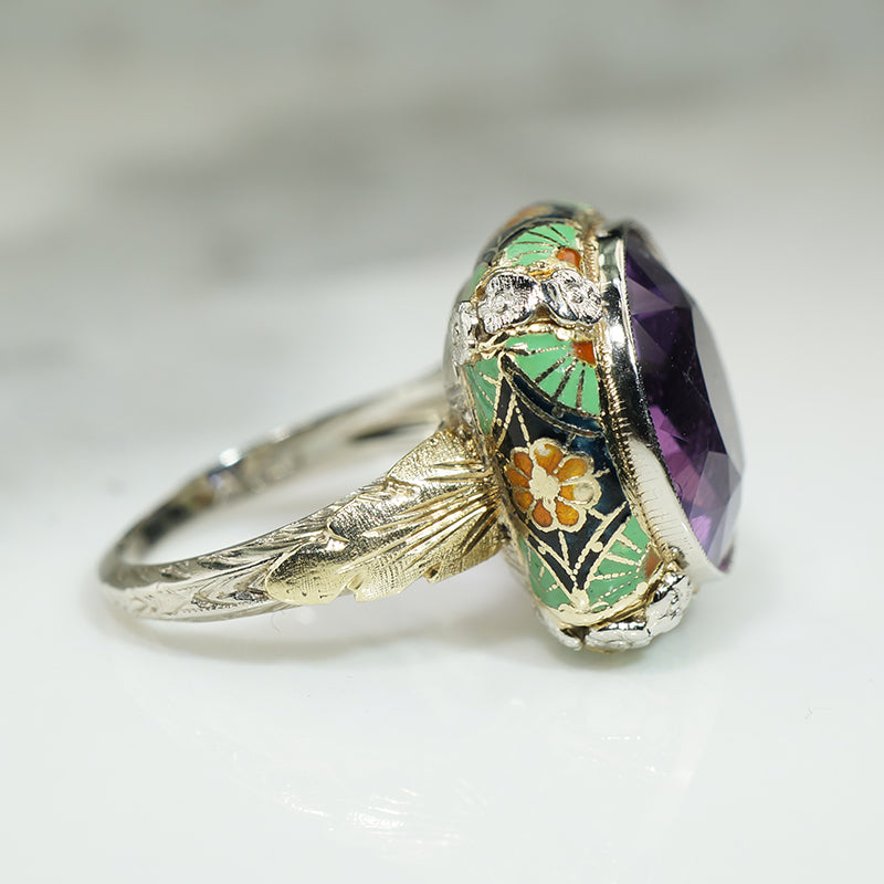 Elaborately Enameled Art Deco Amethyst Ring