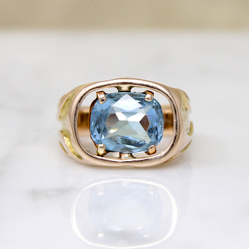 Arts & Crafts Ginko Motif Aquamarine Ring 