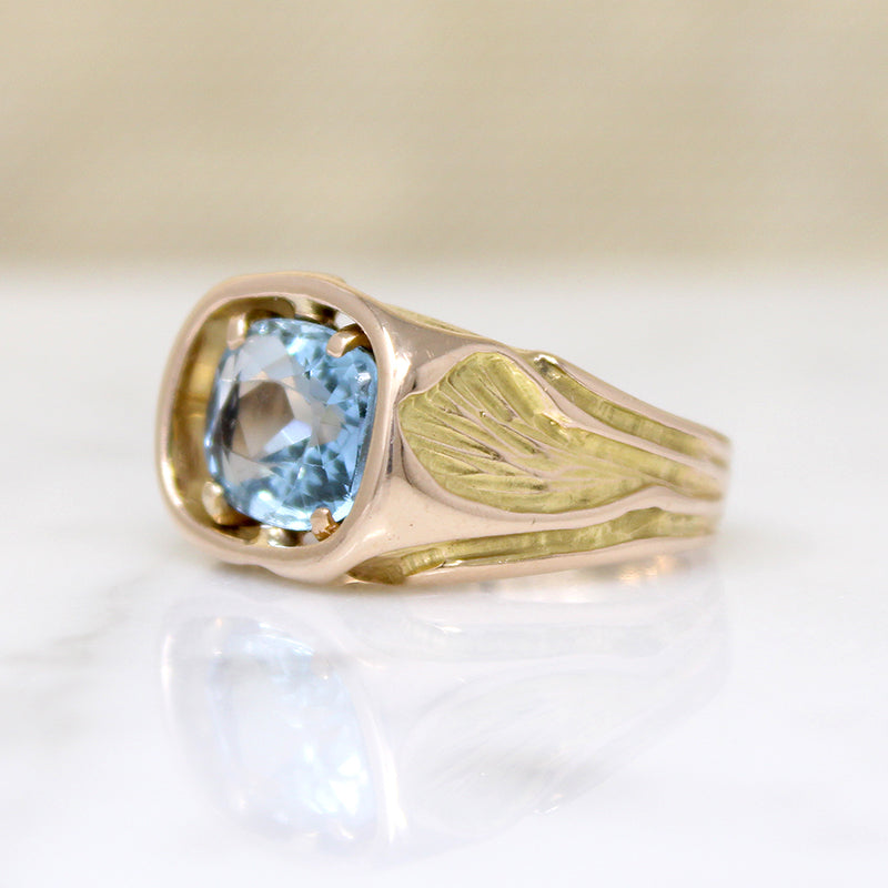 Arts & Crafts Ginko Motif Aquamarine Ring 