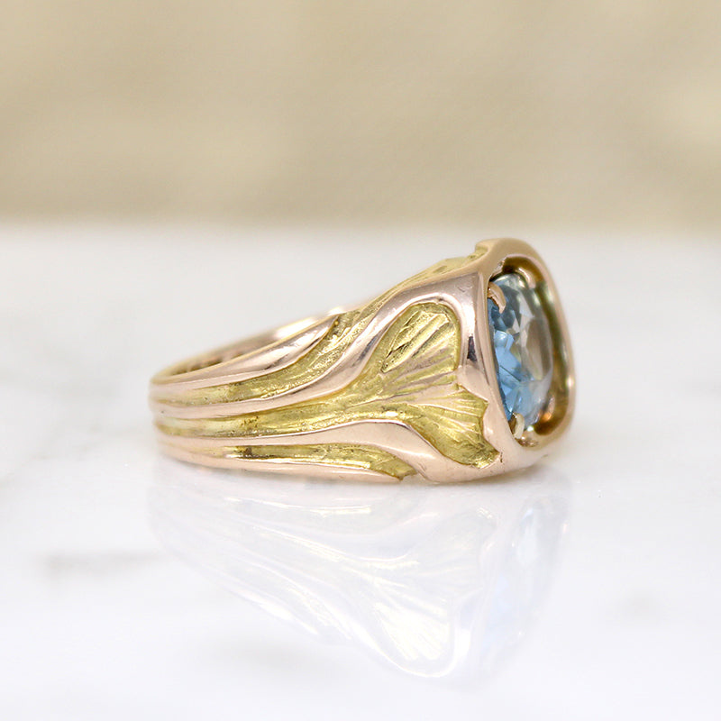 Arts & Crafts Ginko Motif Aquamarine Ring 