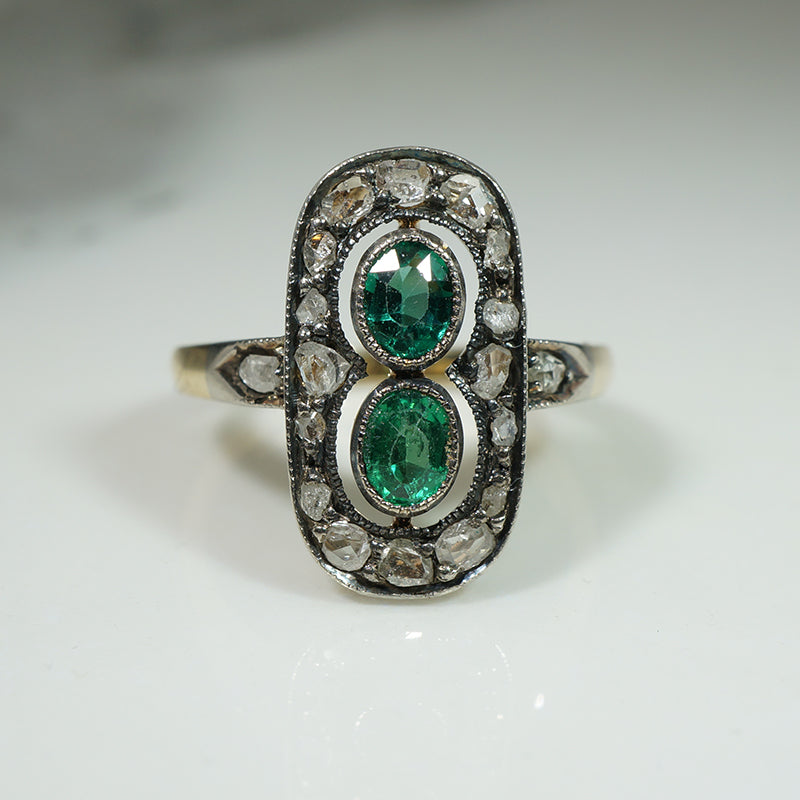 Moody Rose Cut Diamond & Green Glass Victorian Ring