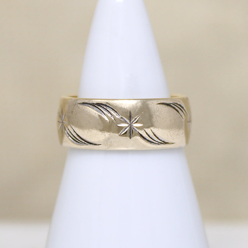 Wide Gold Band Engraved with Stars & Flourishes 