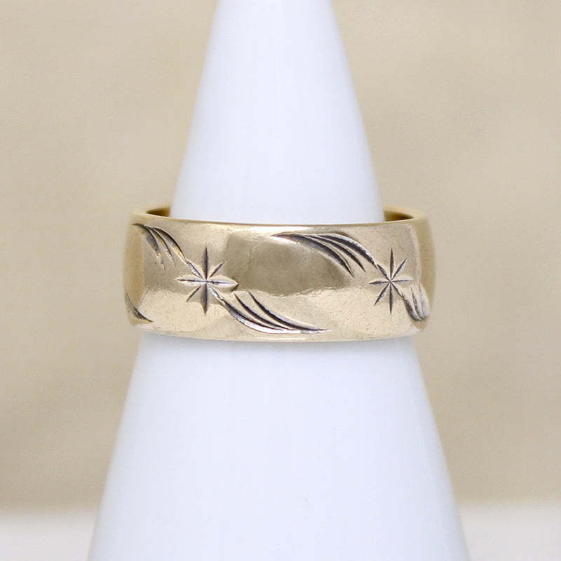 Wide Gold Band Engraved with Stars & Flourishes 