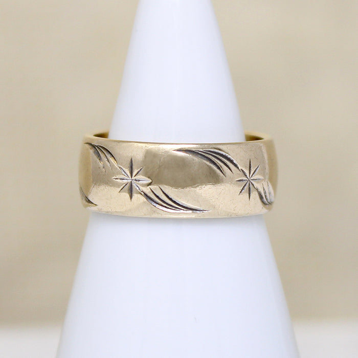 Wide Gold Band Engraved with Stars & Flourishes 