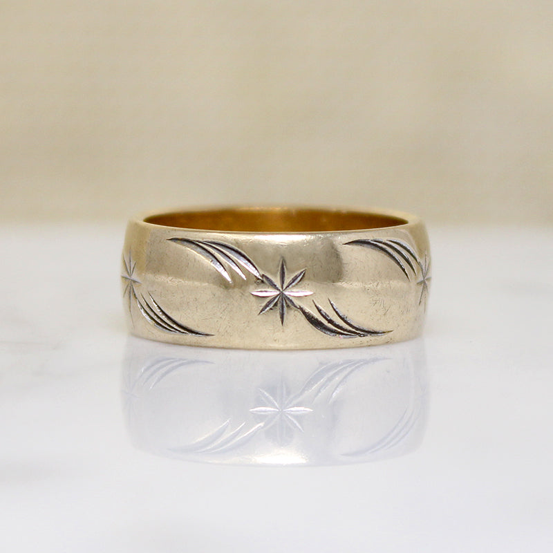 Wide Gold Band Engraved with Stars & Flourishes 