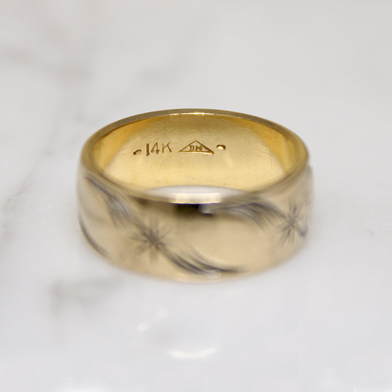 Wide Gold Band Engraved with Stars & Flourishes 
