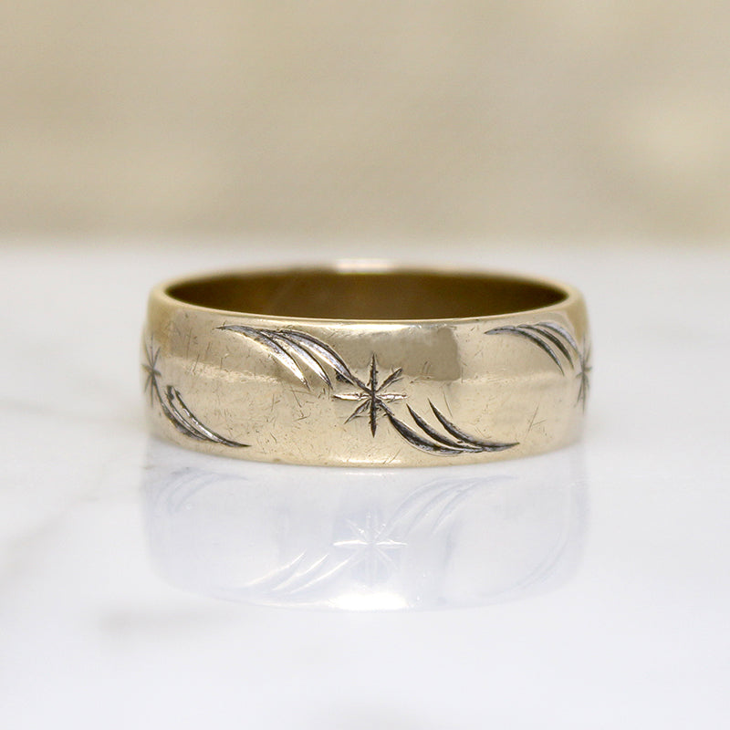 Gold Band Engraved with Stars & Flourishes Size 10.25