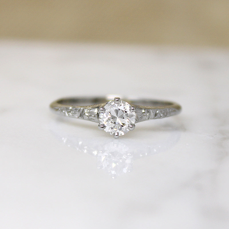 Old Euro Cut Diamond in Romantic Engraved White Gold Ring