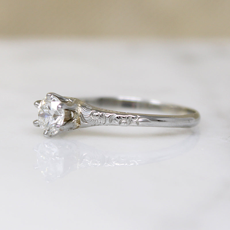 Old Euro Cut Diamond in Romantic Engraved White Gold Ring