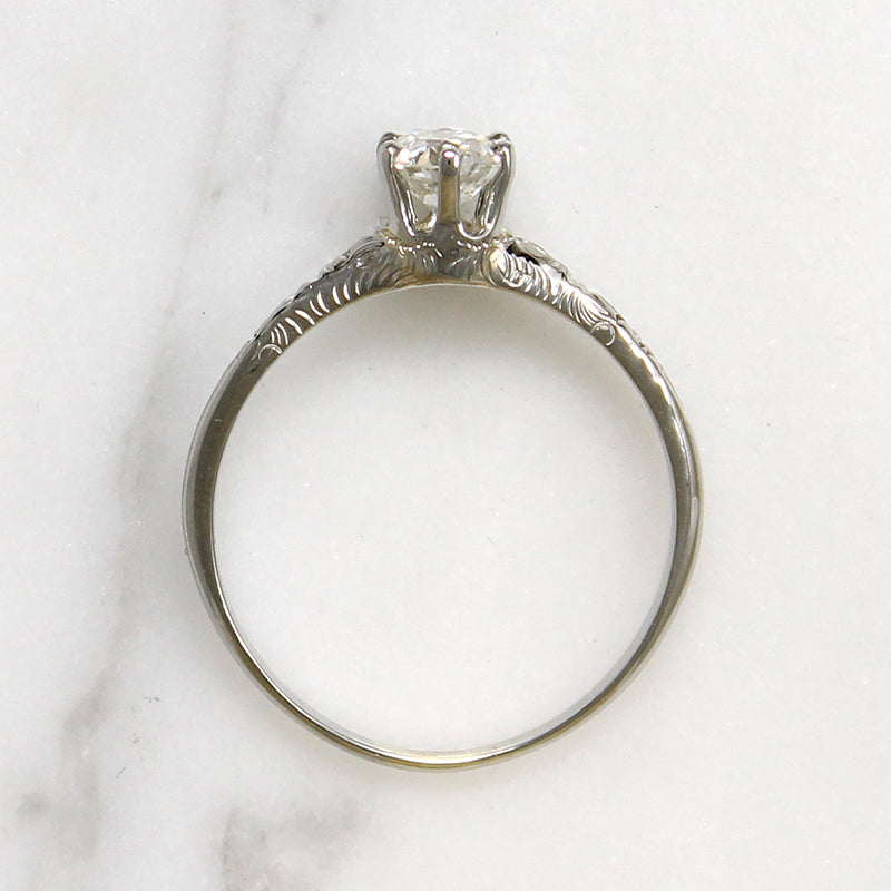 Old Euro Cut Diamond in Romantic Engraved White Gold Ring