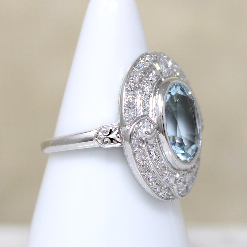 Heavenly Aquamarine & Diamond Swirling Halo Ring