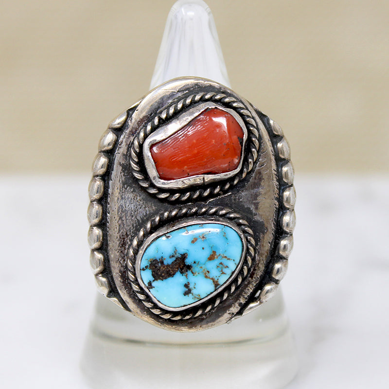 Chunky Coin Silver Signet with Coral & Turquoise