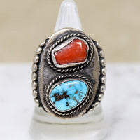 Chunky Coin Silver Signet with Coral & Turquoise