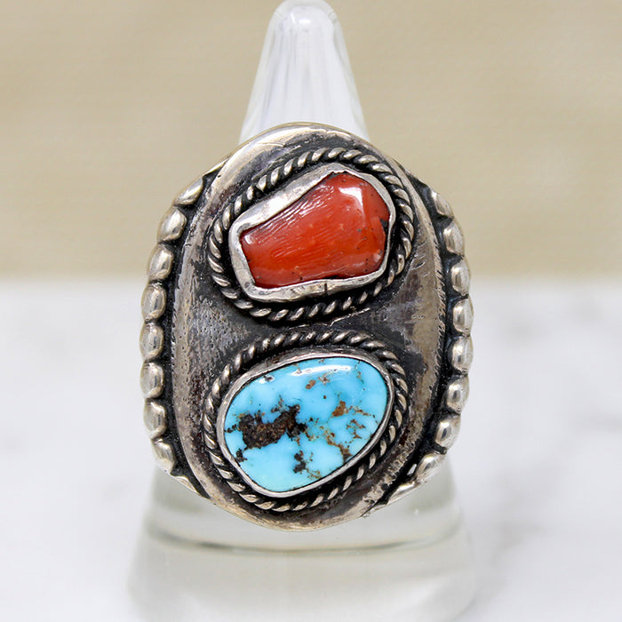 Chunky Coin Silver Signet with Coral & Turquoise