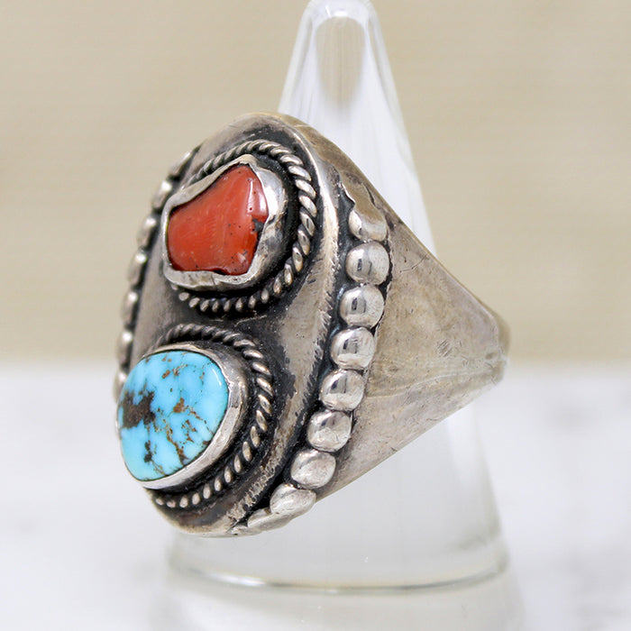 Chunky Coin Silver Signet with Coral & Turquoise
