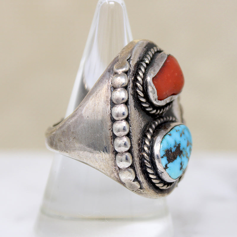 Chunky Coin Silver Signet with Coral & Turquoise