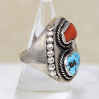 Chunky Coin Silver Signet with Coral & Turquoise