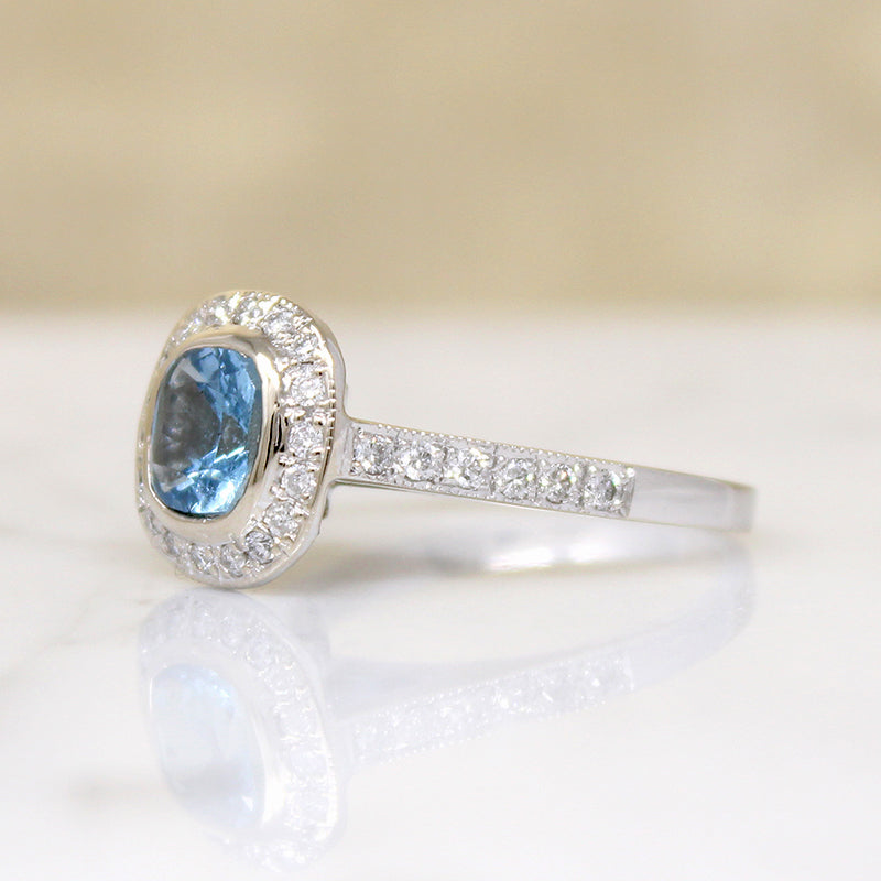 Exquisite Estate Aquamarine & Diamond Halo Ring
