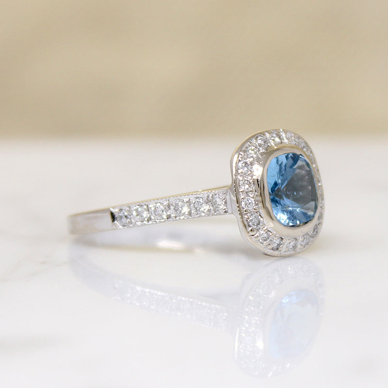 Exquisite Estate Aquamarine & Diamond Halo Ring