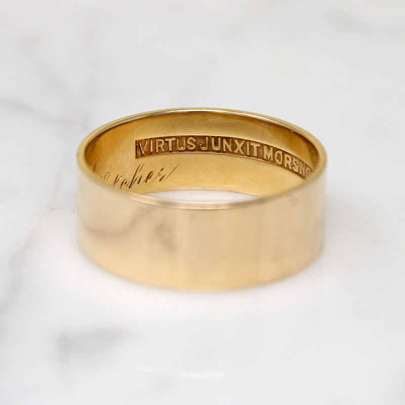Wide Flat 14k Gold Band with Latin Inscription