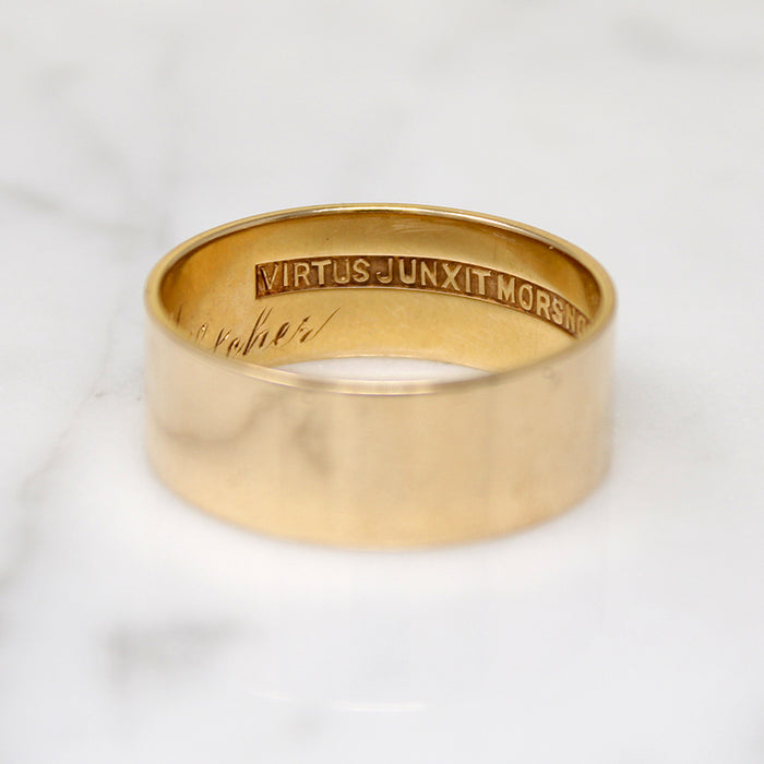 Wide Flat 14k Gold Band with Latin Inscription