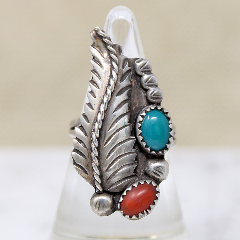 Silver Leaf with Turquoise & Coral Ring