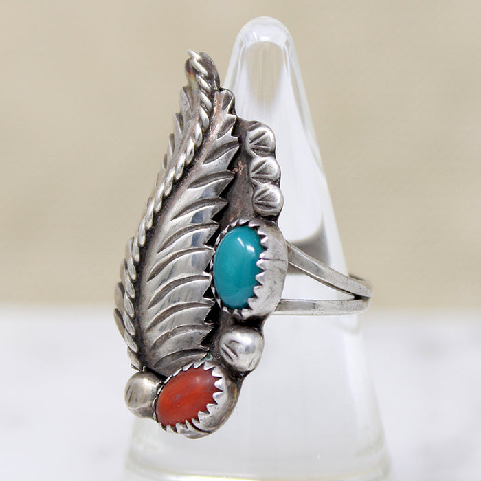 Silver Leaf with Turquoise & Coral Ring