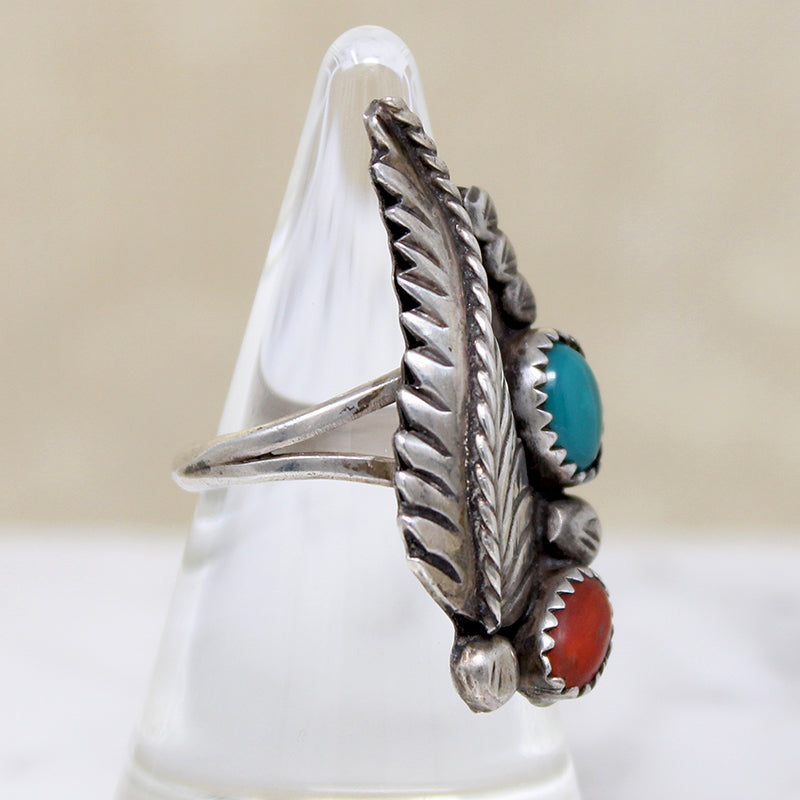 Silver Leaf with Turquoise & Coral Ring