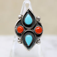 Turquoise & Coral in Graphic Silver Overlay Ring